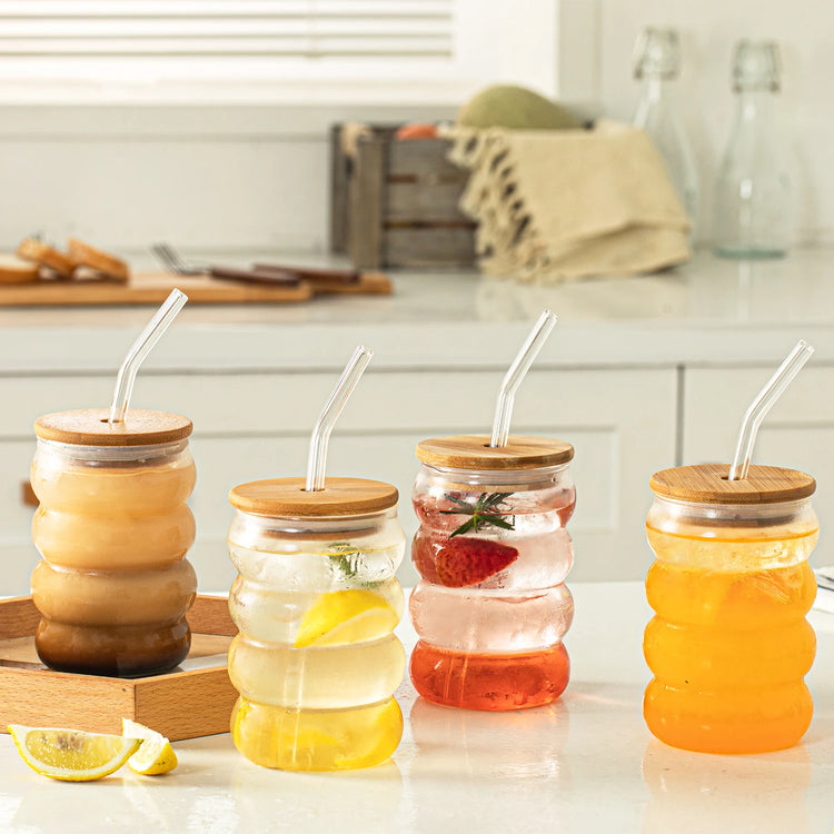 4PCS Creative Heat-Resistant Glass Cup with Lid and Straw