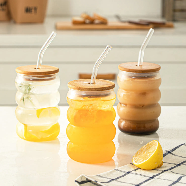 4PCS Creative Heat-Resistant Glass Cup with Lid and Straw