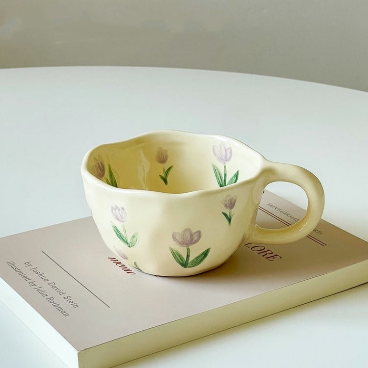 Irregular Ceramic Chunky Floral Coffee Mugs - Set of 2