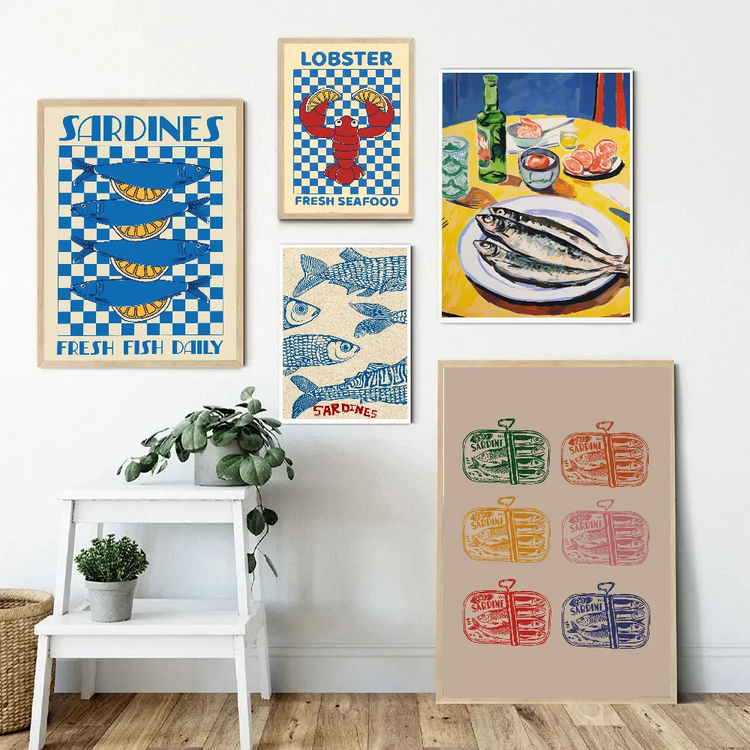 Colorful Sardine Lobster Fish Vintage Canvas Posters ( + more styles)