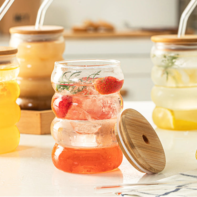 4PCS Creative Heat-Resistant Glass Cup with Lid and Straw