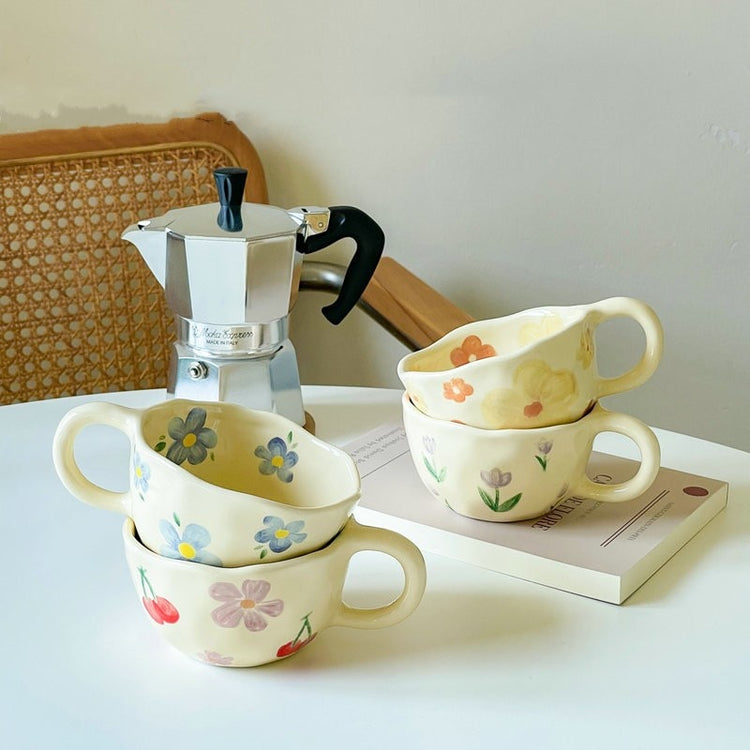 Irregular Ceramic Chunky Floral Coffee Mugs - Set of 2