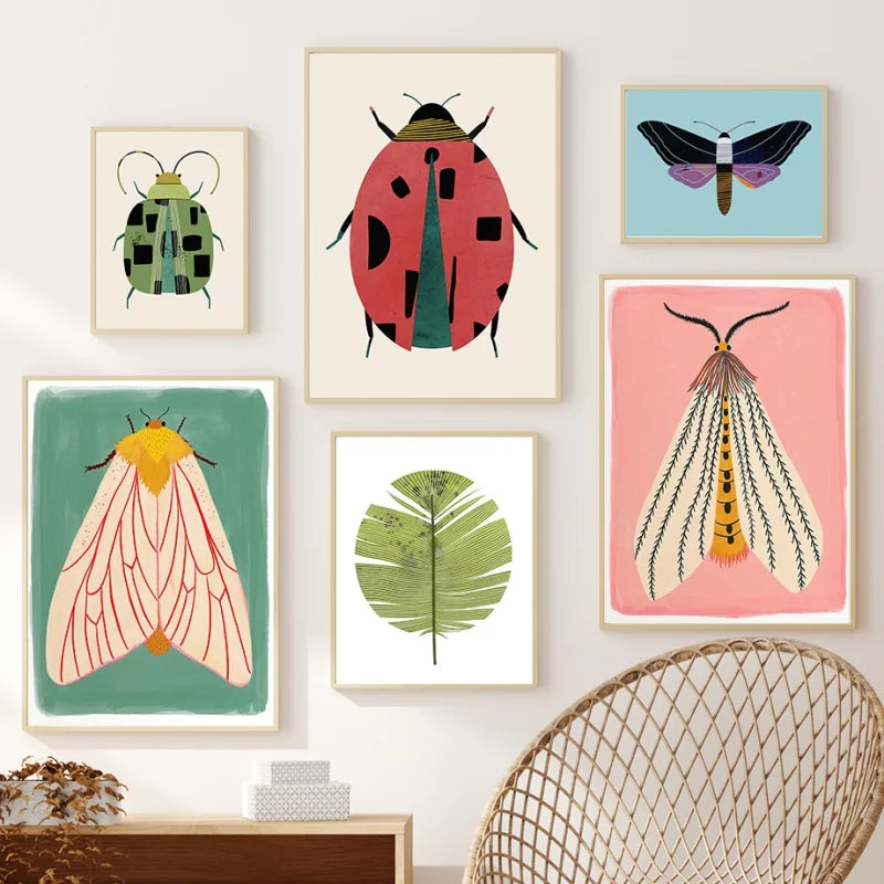 Butterfly Ladybug Tiger Moth Beetle Feather Wall Art Canvas Posters