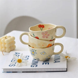 Irregular Ceramic Chunky Floral Coffee Mugs - Set of 2