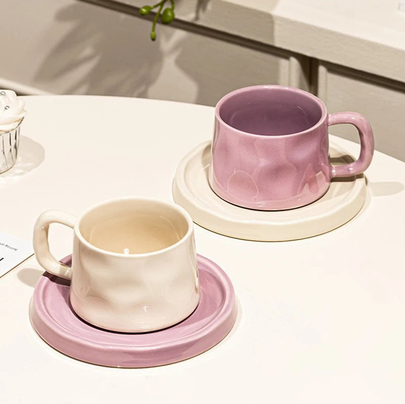 Ceramic Coffee Tea Retro Mugs with Matching Saucers