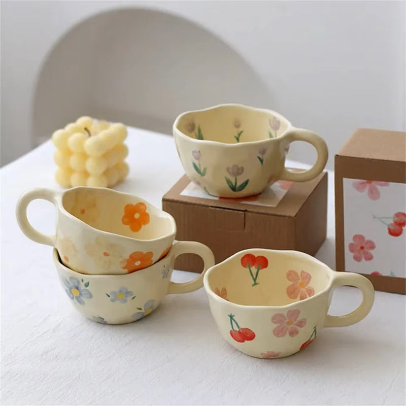 Irregular Ceramic Chunky Floral Coffee Mugs - Set of 2