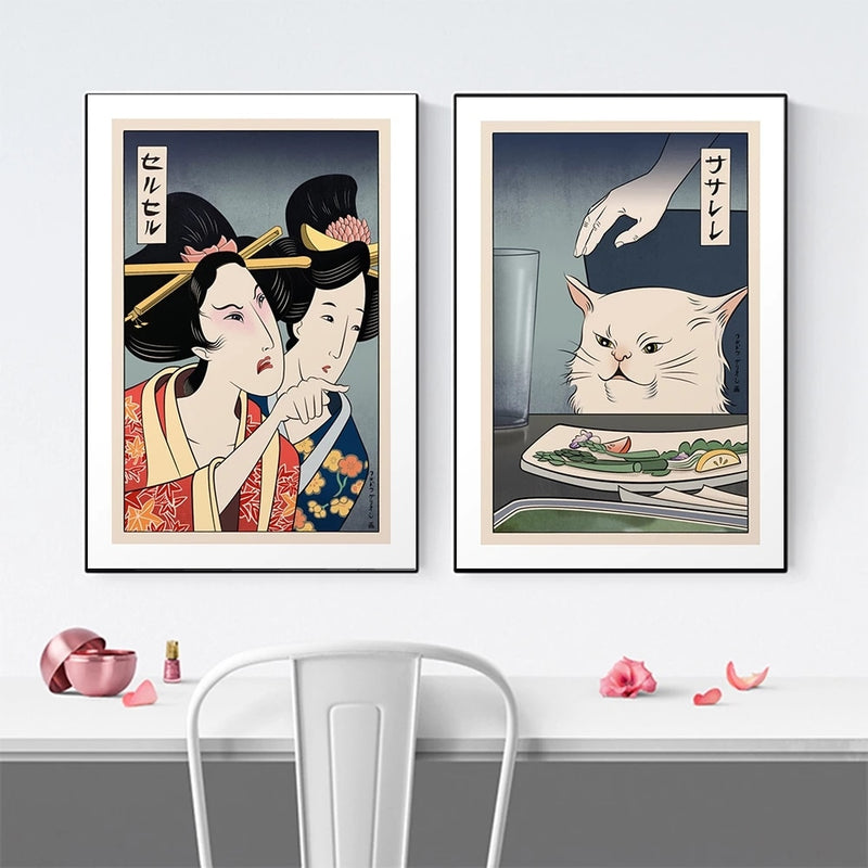Funny Cute Geisha Cat Canvas Wall Art
