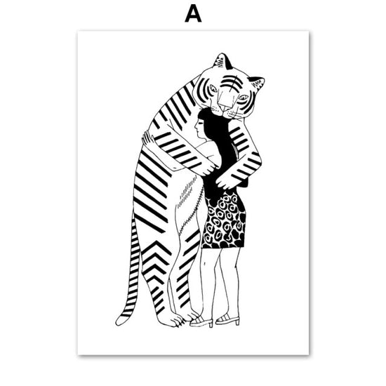 Minimalist Drawing Girl And Tiger Prints - MAHOGANY STREET