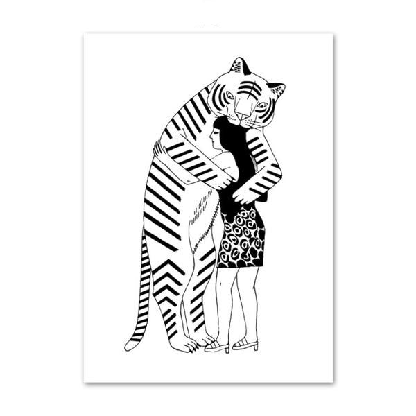 Minimalist Drawing Girl And Tiger Prints - MAHOGANY STREET