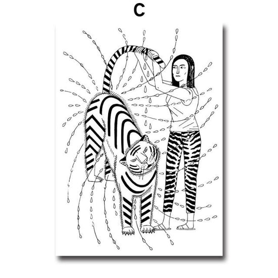 Minimalist Drawing Girl And Tiger Prints - MAHOGANY STREET
